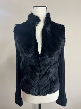 🐇🐰👯‍♀️♟️Y2K Black Dyed Rabbit Fur Front Knit Sleeve Jacket